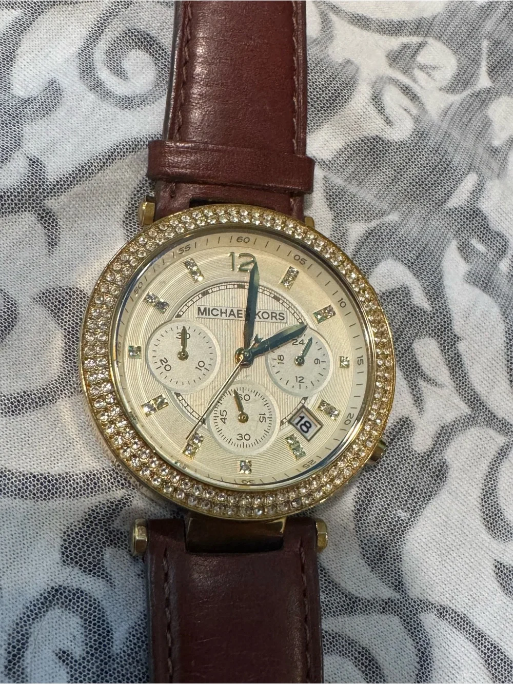 Michael Kors Gold-Tone Crystal Bezel Watch with Brown Leather Strap